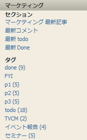 現在のスペースのセクションとタグ