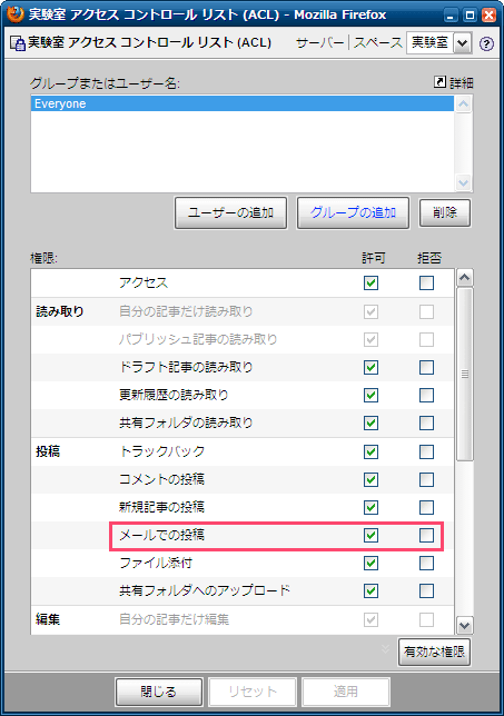 メールでの投稿権限