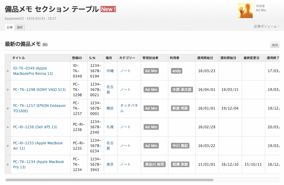 セクションテーブルの例